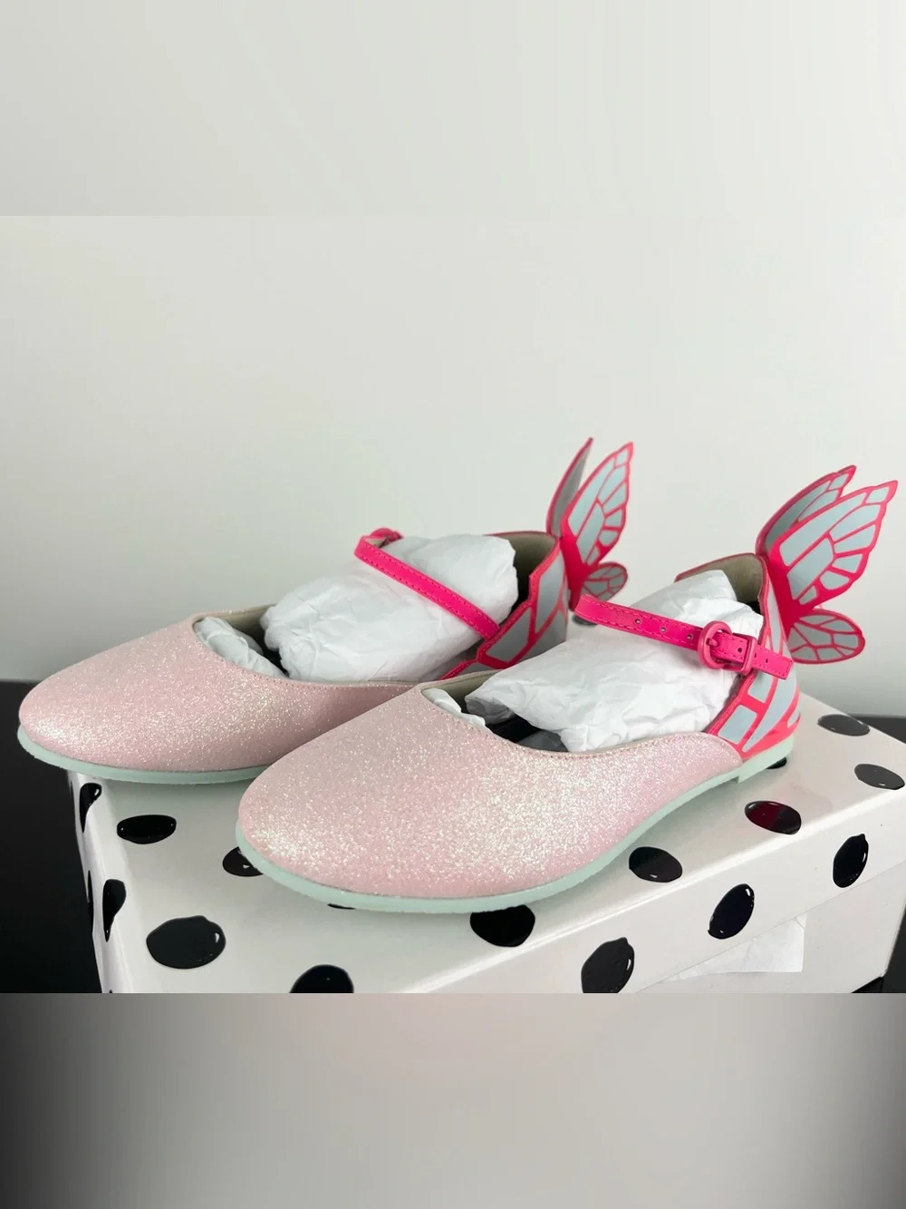 Sophie Webster Mini Chiara Pink Glitter Butterfly Mary Jane Flats, Pink, 33 EU